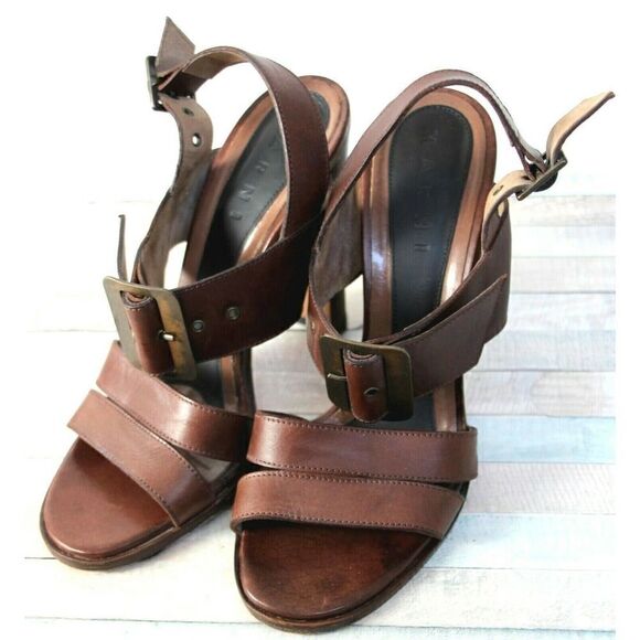 Marni BROWN GENUINE LEATHER SUEDE 4.5" HEEL WOMEN'S SANDALS SLINGBACK Sz 38 - Picture 4 of 9